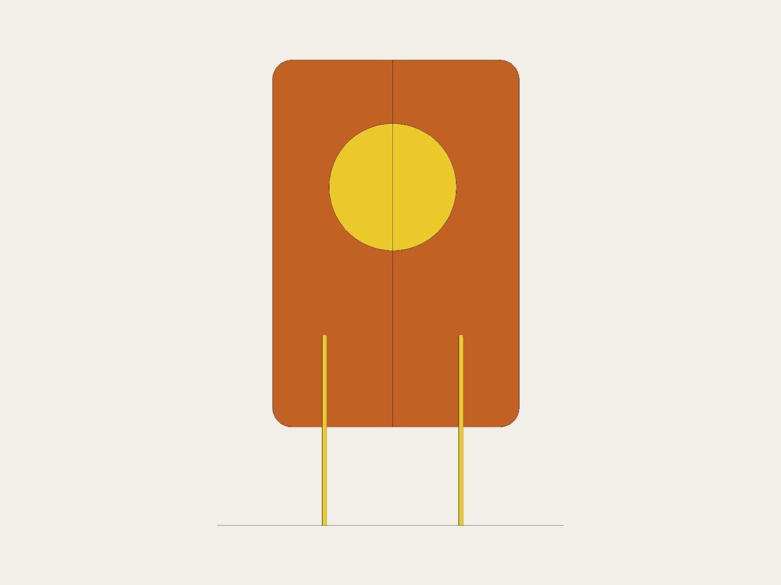 Flat design elevation of a cabinet in orange with a yellow circular motif and thin legs.