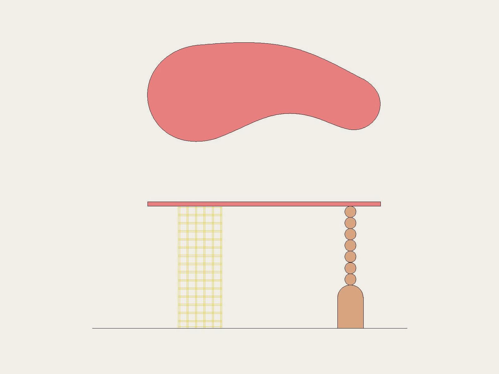 Design drawing of an organic table top in plan, with an elevation showing a woven leg and a beaded leg.