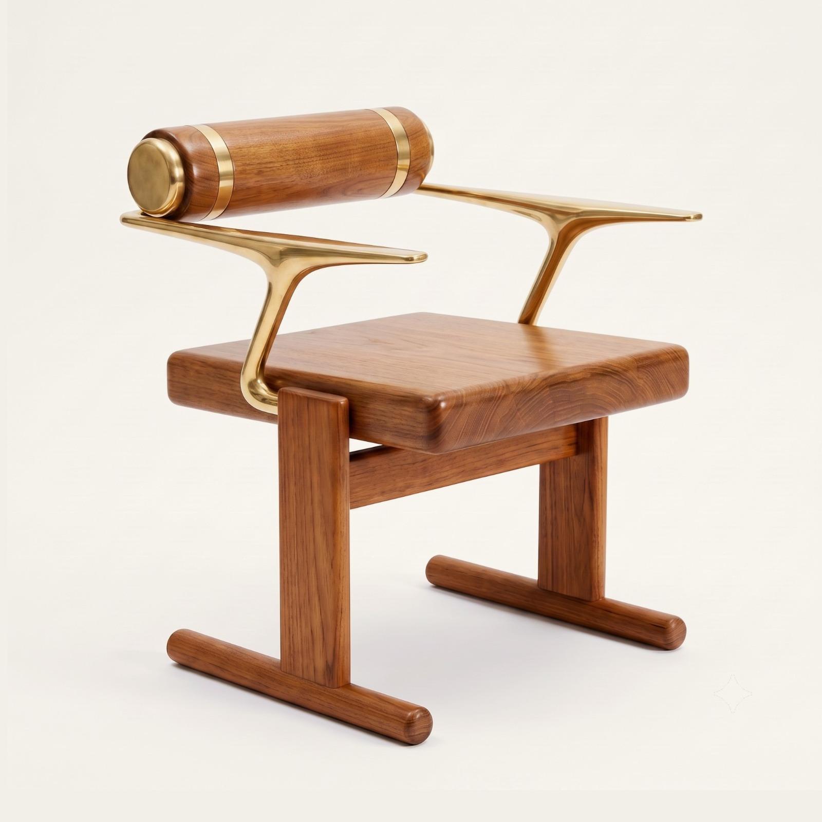 Teak armchair with a cylindrical bolster backrest resting on two polished brass arms.