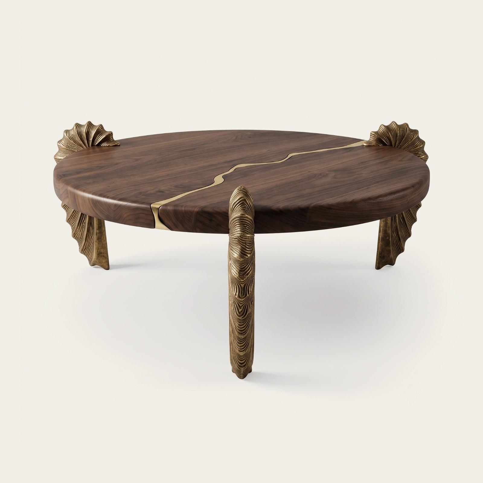 Round walnut low table with a brass inlay running across the top and three fanned cast-brass legs.