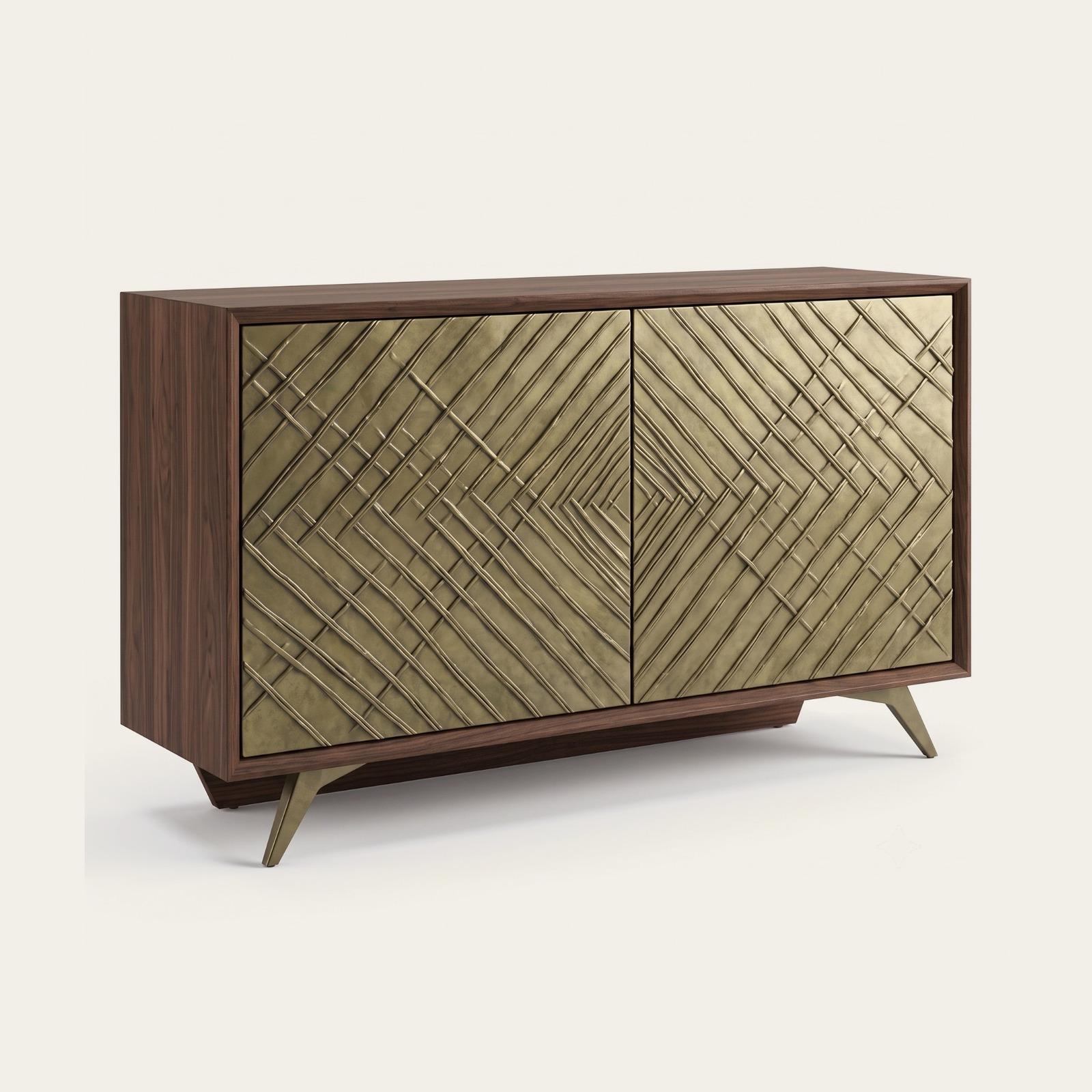 Walnut sideboard with two doors faced in hand-laid cast brass rods forming a diagonal weave.