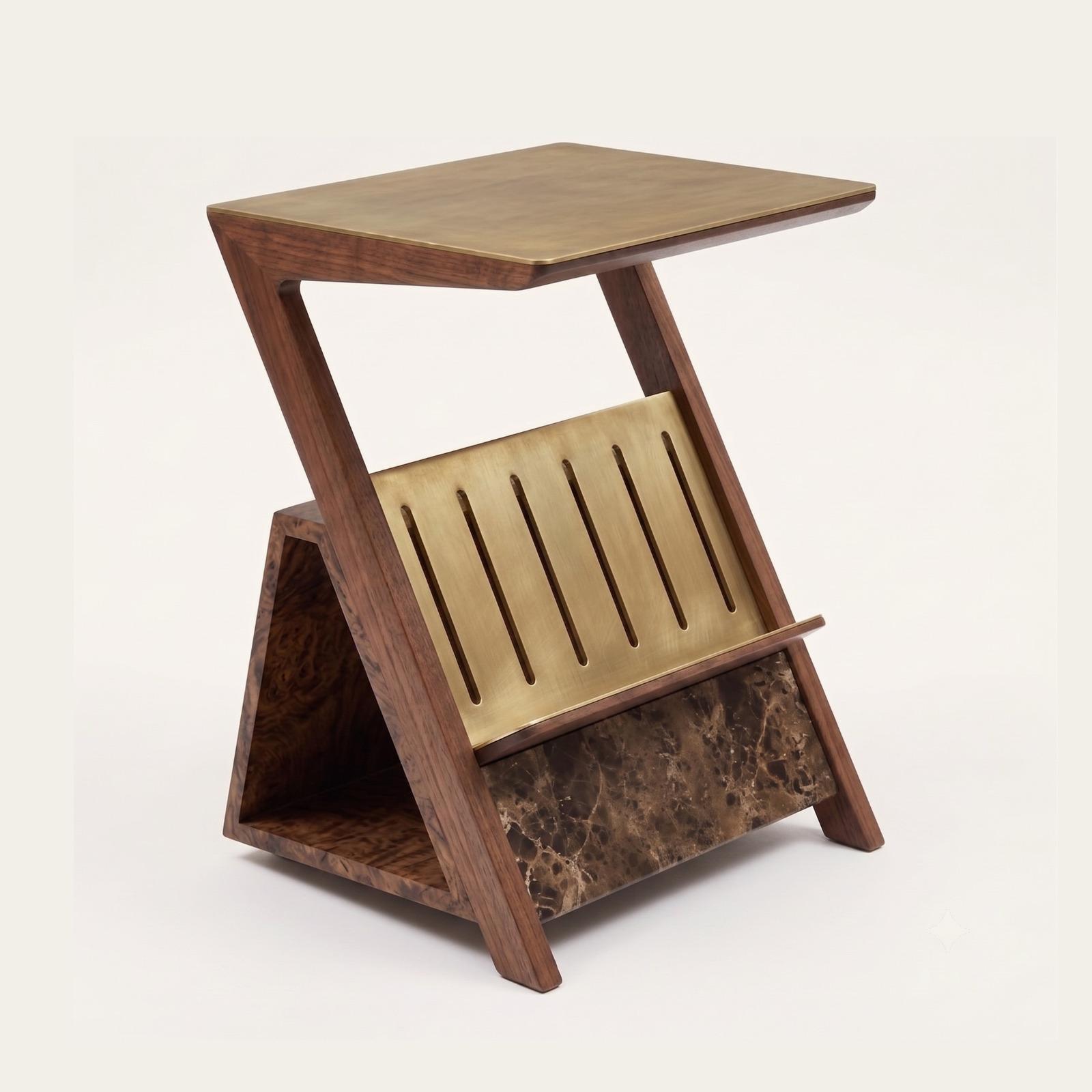 Z-shaped walnut side table with a brass top, fluted brass rack and a brown marble base block.