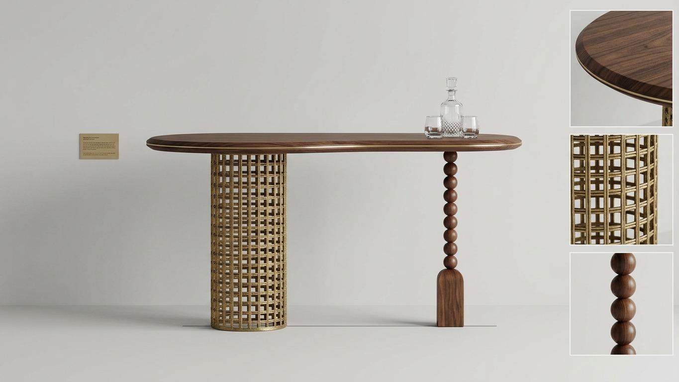 The finished console in walnut on a woven brass drum and a beaded walnut leg.