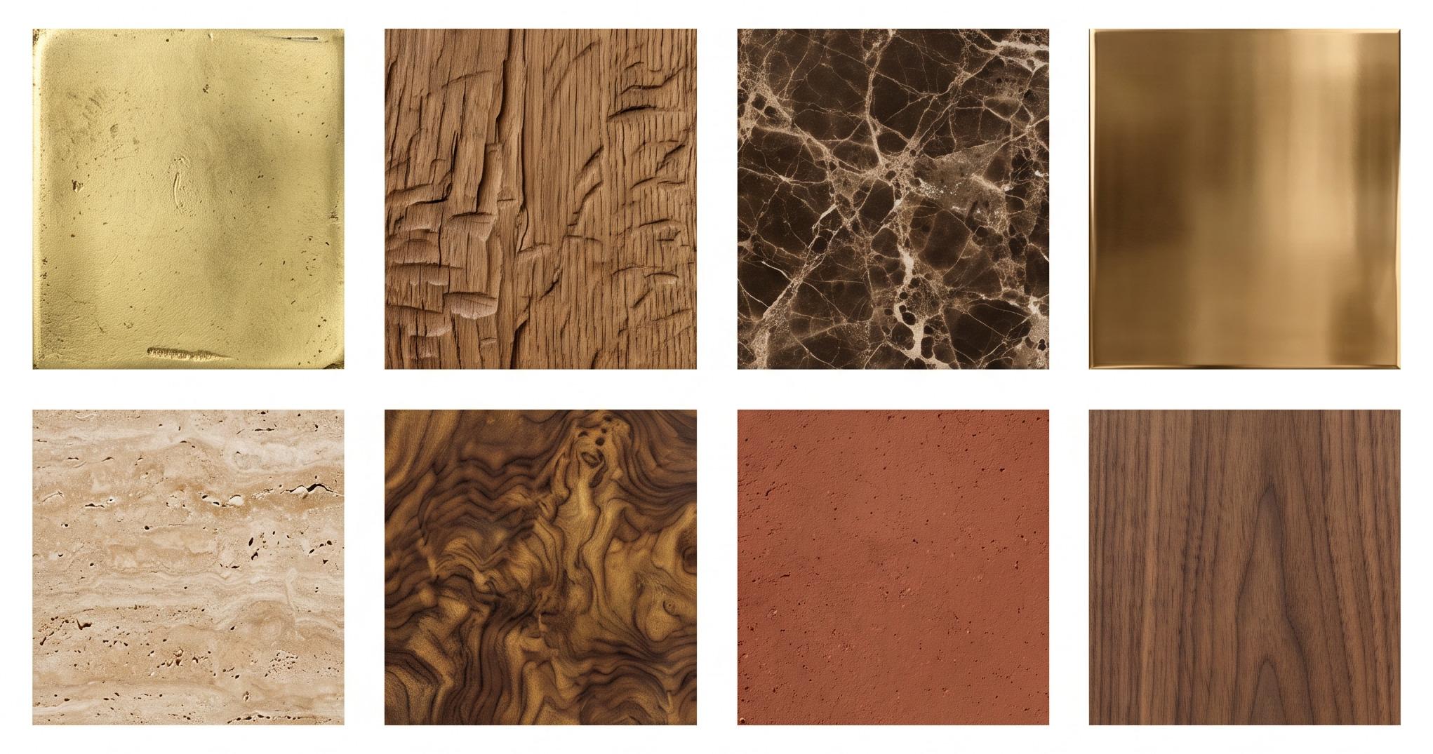 The eight house materials as swatches: cast brass, hand-adzed oak, Emperador marble and polished bronze above travertine, walnut burl, terracotta and American walnut.