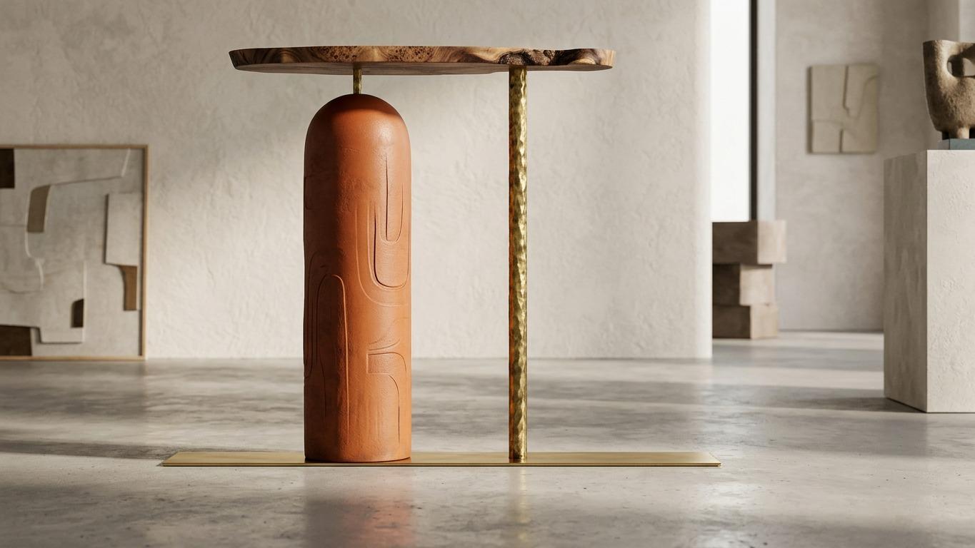 Terracotta plinth supporting a live-edge walnut top beside a hammered brass column, in a plaster gallery.